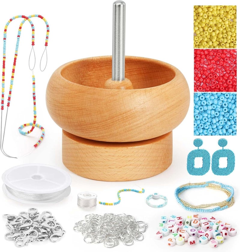 Tilhumt Bead Spinner for Jewelry Making, Effortless Rotating Wooden Bracelet Spinner with 50 Letter Beads, 3000 Seed Beads, 2 Big Eye Beading Needles for Making Seed Clay Beads Waist, Bracelets - Image 1